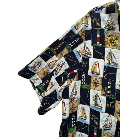 Vintage BonWorth Mens Nautical Print Short Sleeve Shirt M Navy Tan - Picture 5 of 12